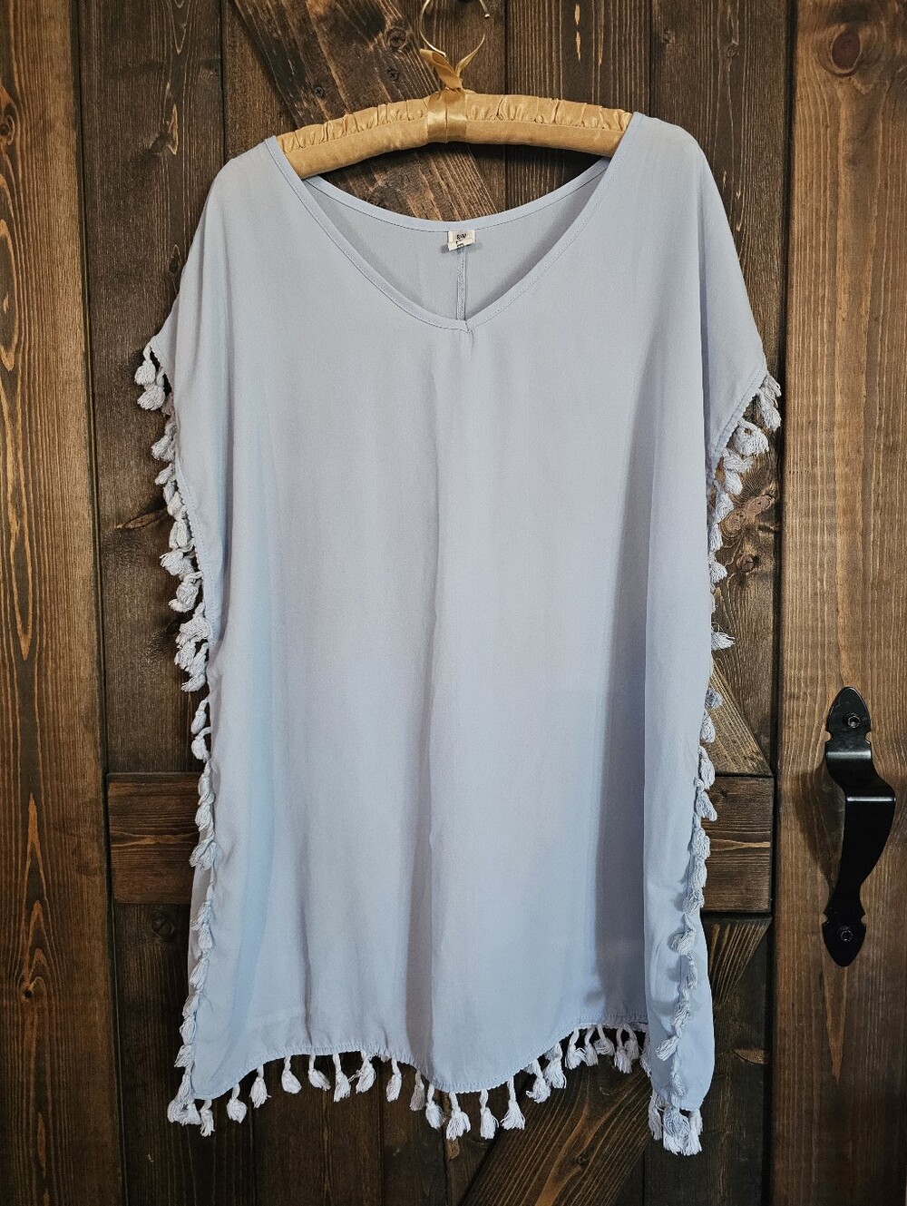 Light Blue Tassel-Trim V-Neck Women's Swim Cover-Up